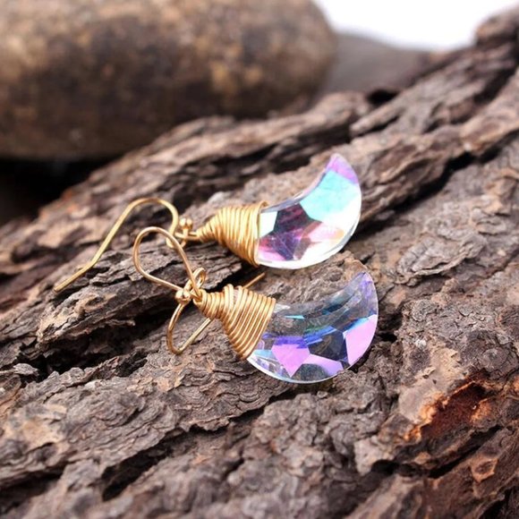 Rainbow Crystal Moon Dangle Earrings Clear Crystal Drop Wire Wrap Earrings - Picture 1 of 3